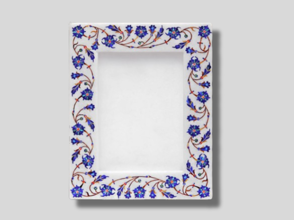 Collectible White Marble Top Photo Frame Lapis Inlay Floral Art Decors